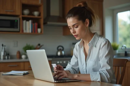 Femme utilisant un ordinateur portable avec une carte d'identité