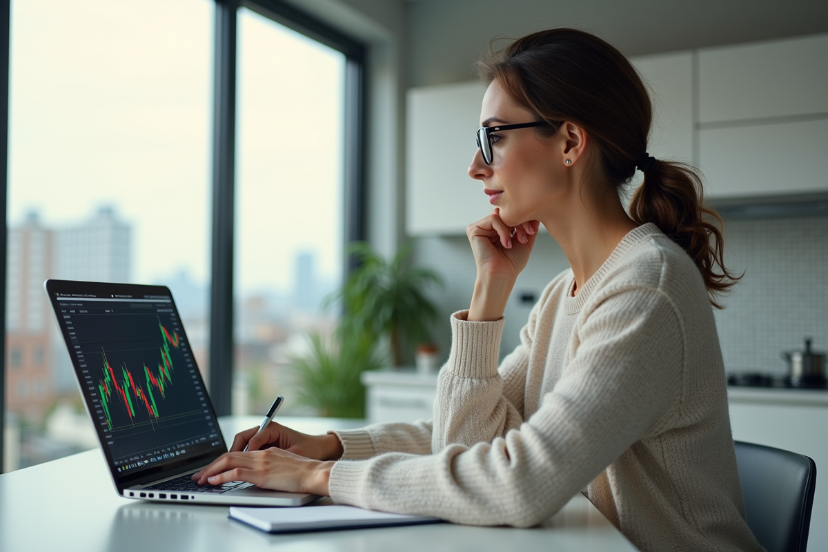 Femme utilisant un ordinateur portable dans une cuisine lumineuse