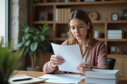 Femme lisant une lettre dans un bureau à domicile