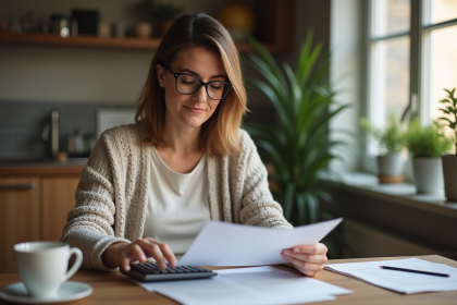 Femme lisant des documents de prêt immobilier à la maison
