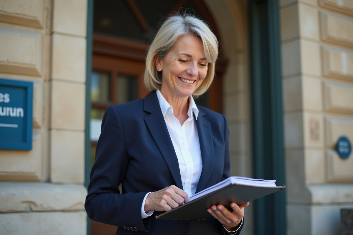 Femme publique lisant un document devant la mairie