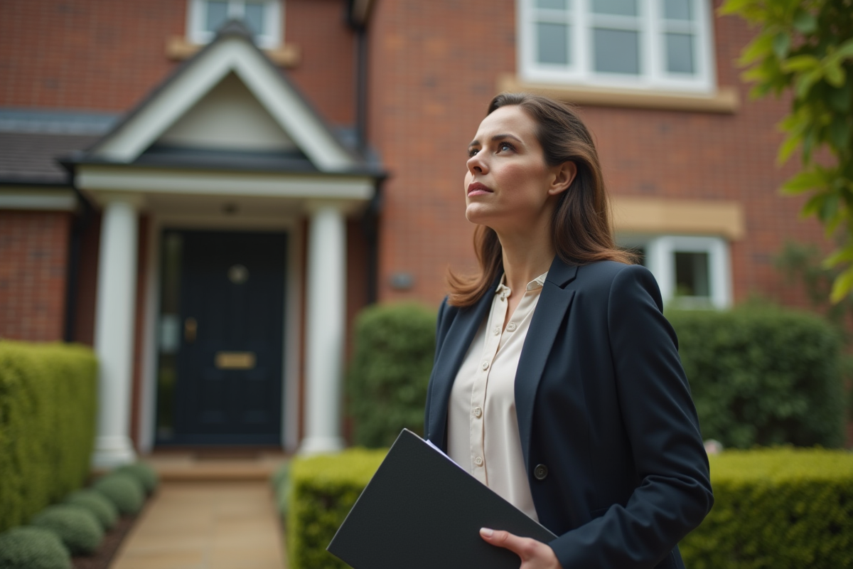 Jeune femme regardant pensivement sa maison en extérieur