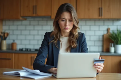 Femme dapproche 30 ans vérifiant ses finances à la maison