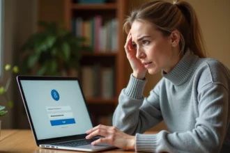 Femme utilisant un ordinateur portable pour accéder à son espace bancaire Cyberplus avec un mot de passe oublié