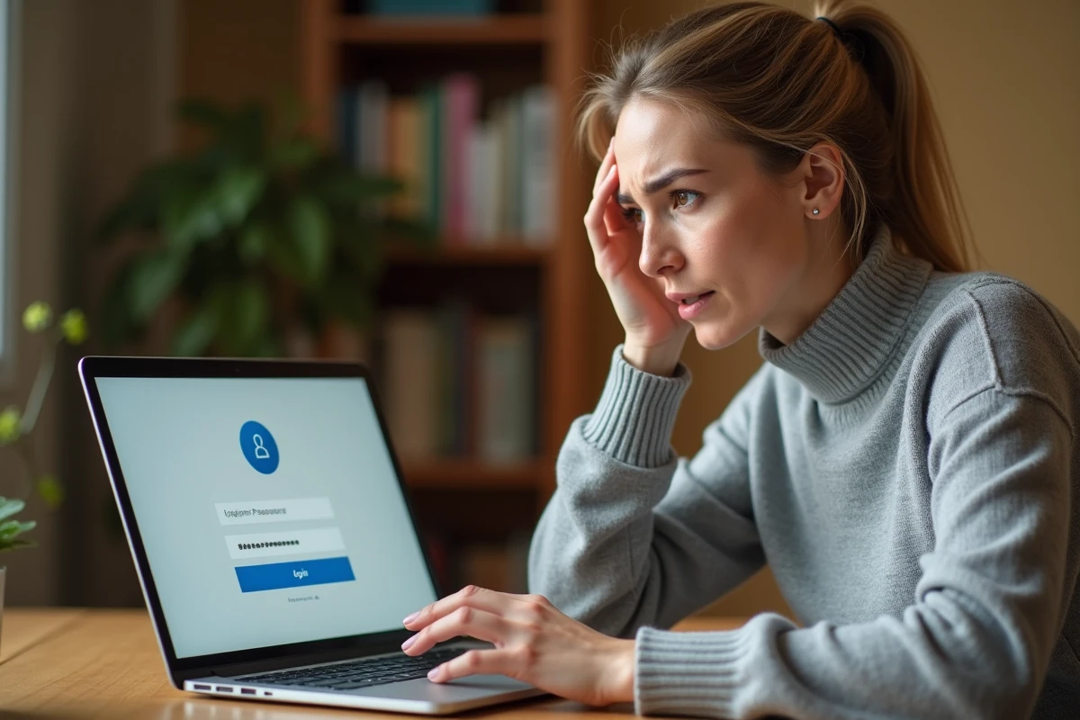 Femme utilisant un ordinateur portable pour accéder à son espace bancaire Cyberplus avec un mot de passe oublié