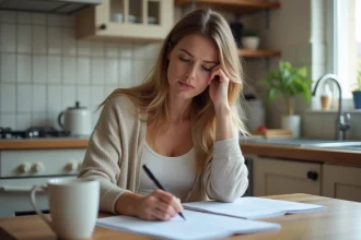 Femme d'une trentaine remplissant des papiers dans la cuisine
