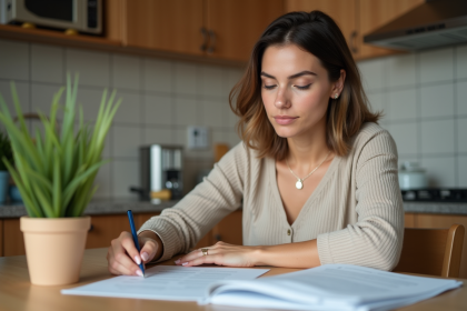 Femme assise à la cuisine remplissant un formulaire de prêt