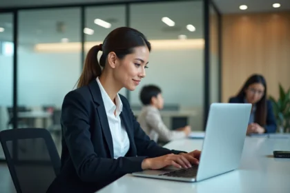Femme professionnelle concentrée sur son ordinateur au bureau
