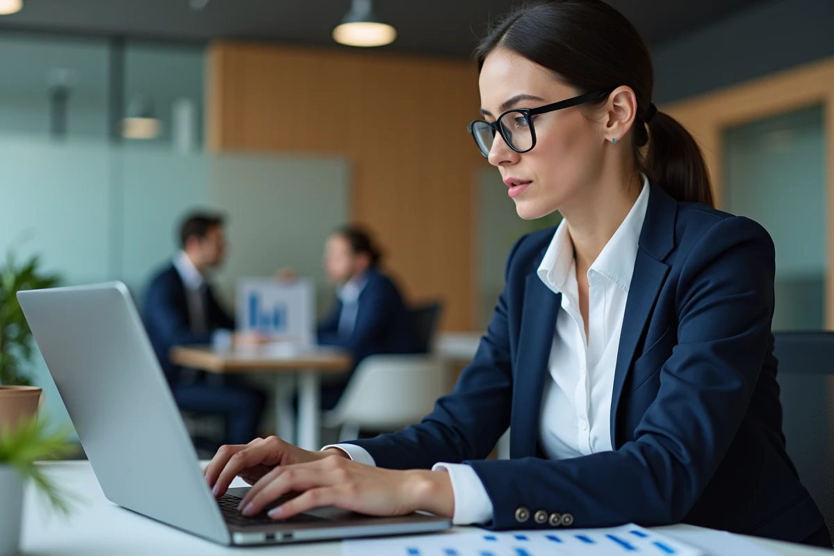 Femme d'affaires concentrée sur son ordinateur en bureau moderne