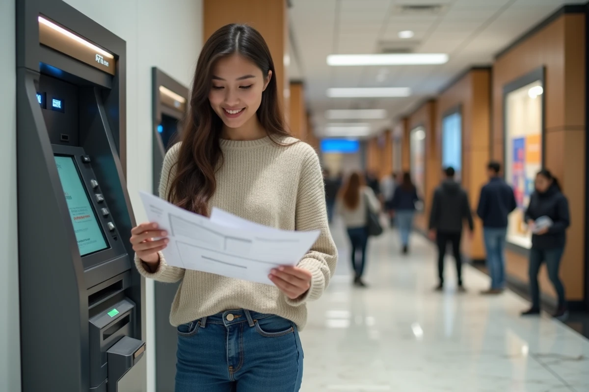 Jeune femme vérifiant ses relevés bancaires dans une banque moderne