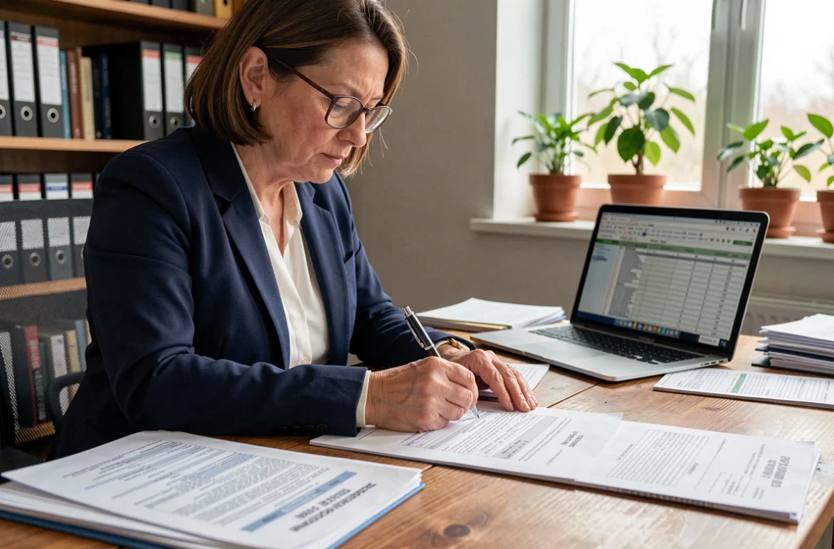 Femme professionnelle remplissant le formulaire 2044 de revenus fonciers à son bureau à domicile