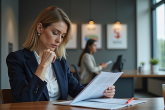 Femme en blazer navy examine des brochures en banque