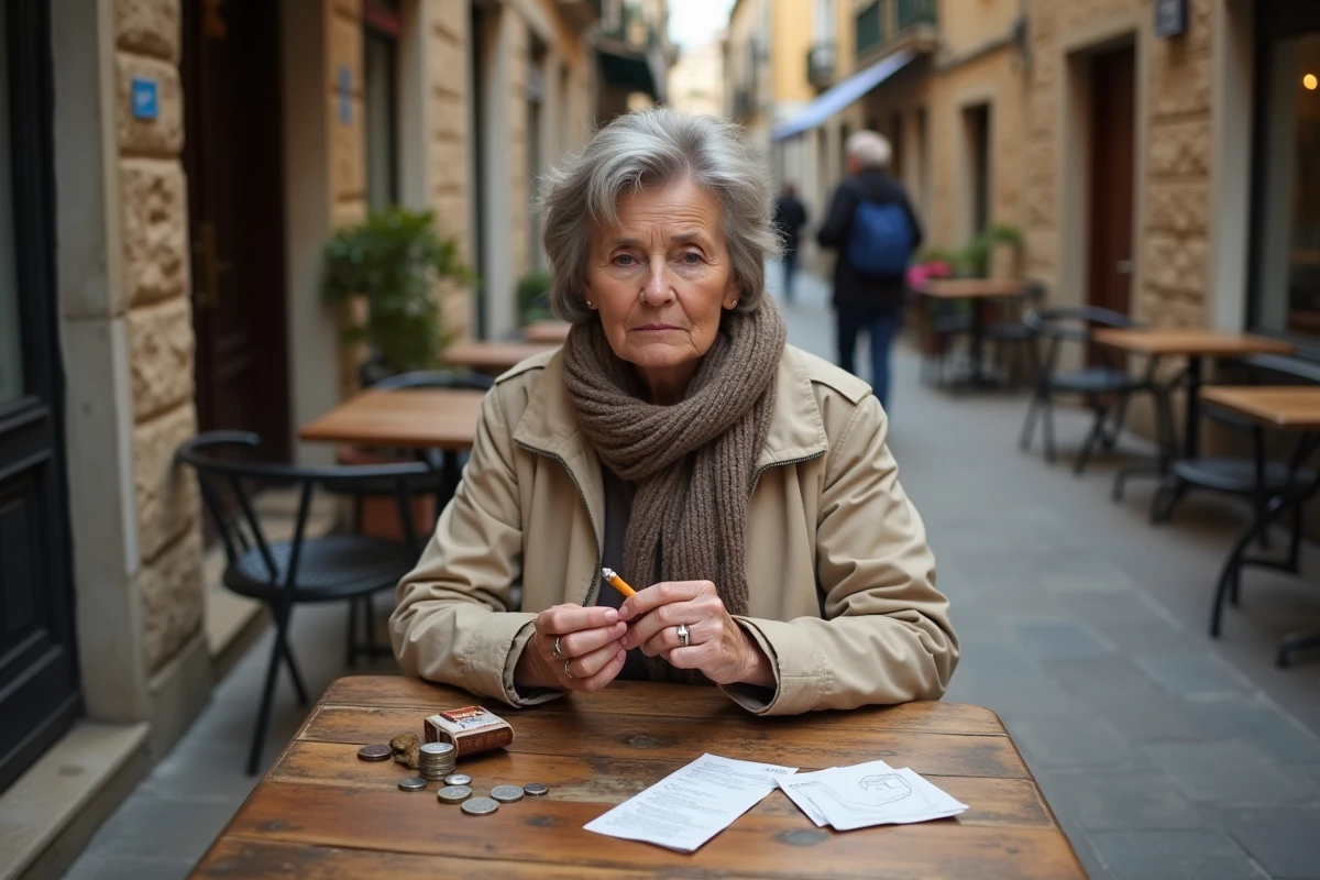 Femme âgée roulant une cigarette dans un café espagnol