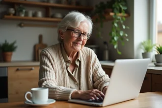 Femme senior utilisant un ordinateur dans une cuisine chaleureuse