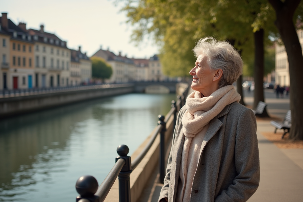 Femme senior francais contemplant la riviere en ville