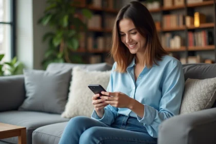 Jeune femme souriante avec smartphone dans un salon cosy