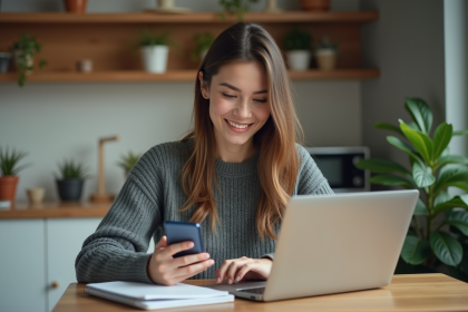 Jeune femme souriante utilisant son smartphone pour un transfert d'argent
