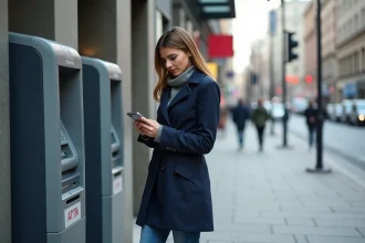 Femme en trench regardant son smartphone dans la ville