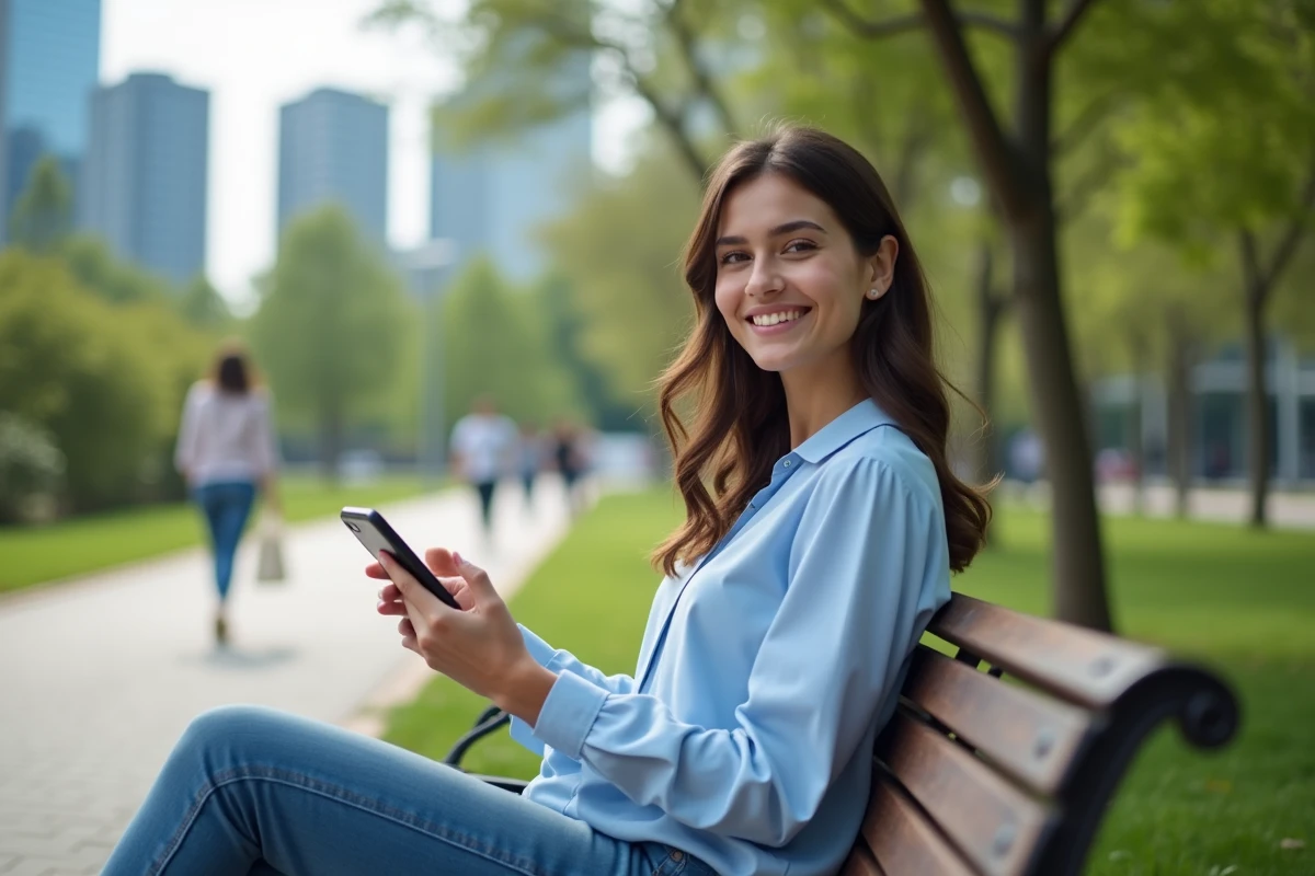 Jeune femme souriante utilisant son smartphone dans un parc urbain