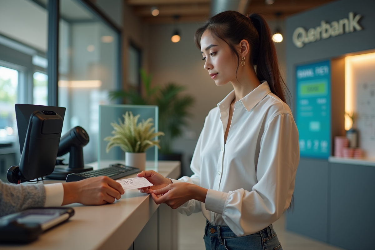 Femme effectuant une transaction bancaire en intérieur