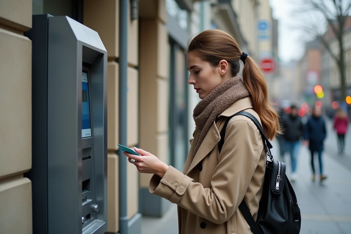 Jeune femme au distributeur automatique en milieu urbain