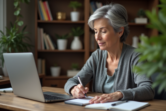 Femme d'âge moyen travaillant dans un bureau à domicile