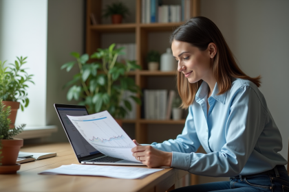 Femme assise à son bureau à la maison en train de consulter un graphique financier