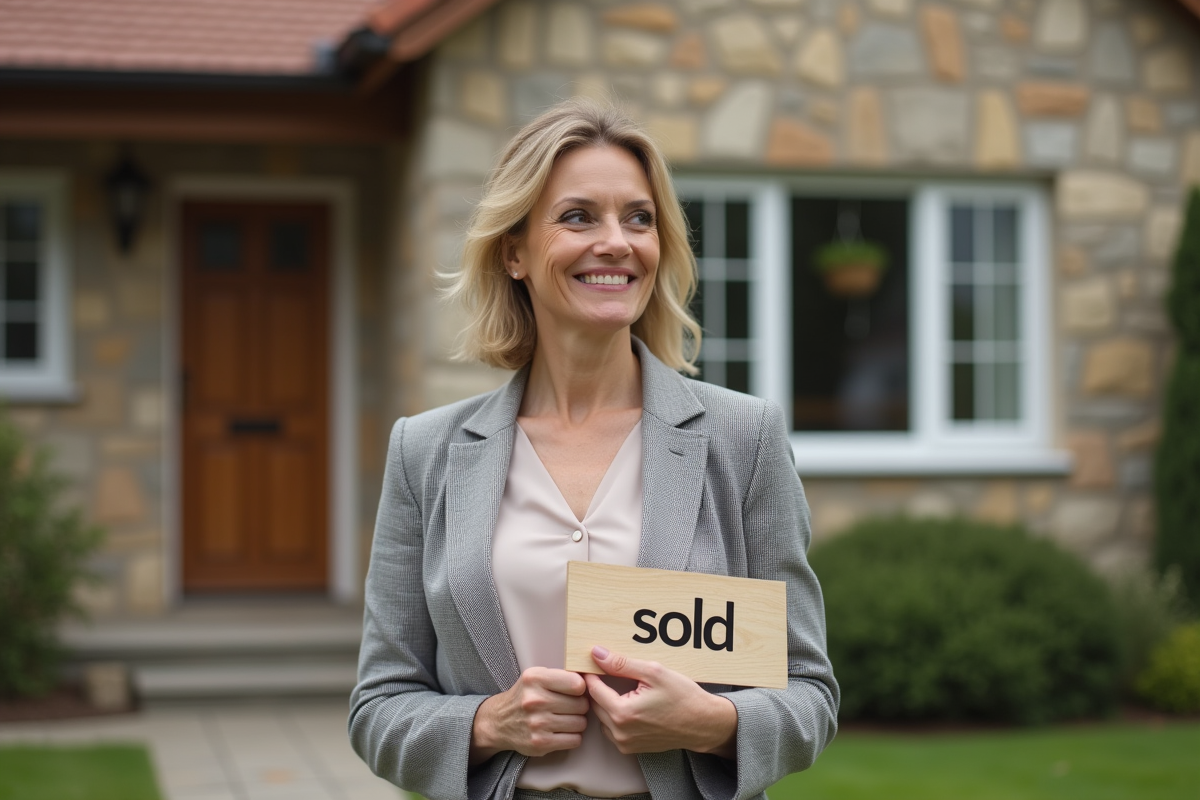 Femme souriante avec panneau vendu devant une maison