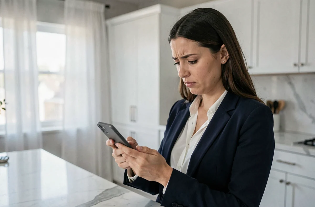 Femme vérifiant son application de bourse sur smartphone dans une cuisine moderne avant de valider un ordre de trading