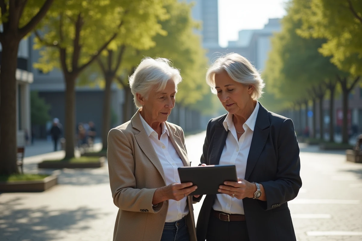 Deux femmes discutent devant un graphique boursier sur tablette