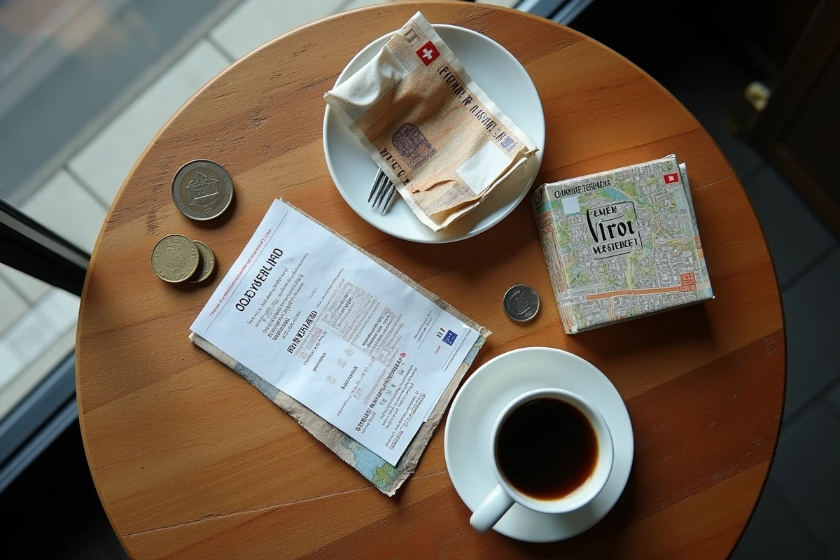 Vue de dessus d'une table de café genevois avec des cigarettes, des pièces en euros et en francs suisses et un reçu