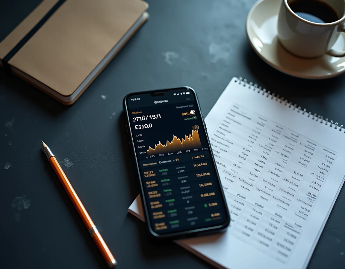 Vue de dessus d'un bureau minimaliste avec smartphone affichant un portefeuille crypto eToro et documents ETF imprimés