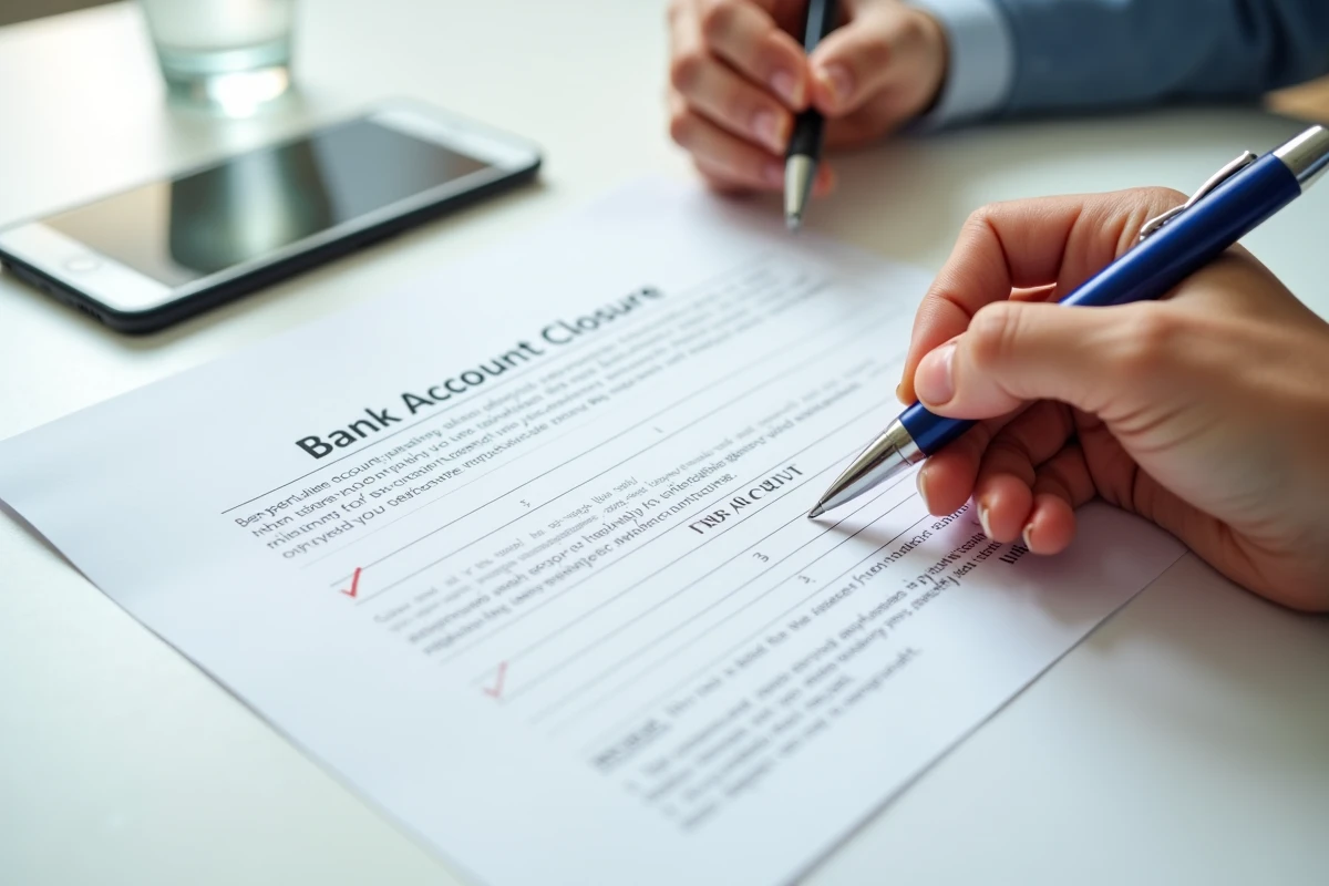Mains tenant un stylo sur un formulaire de clôture de compte bancaire avec frais anticipés visible