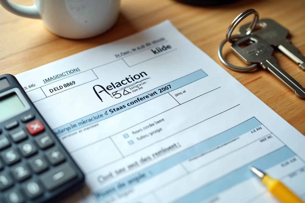 Vue rapprochée d'un formulaire de déclaration fiscale foncière avec calculatrice et clés de logement locatif sur un bureau en bois
