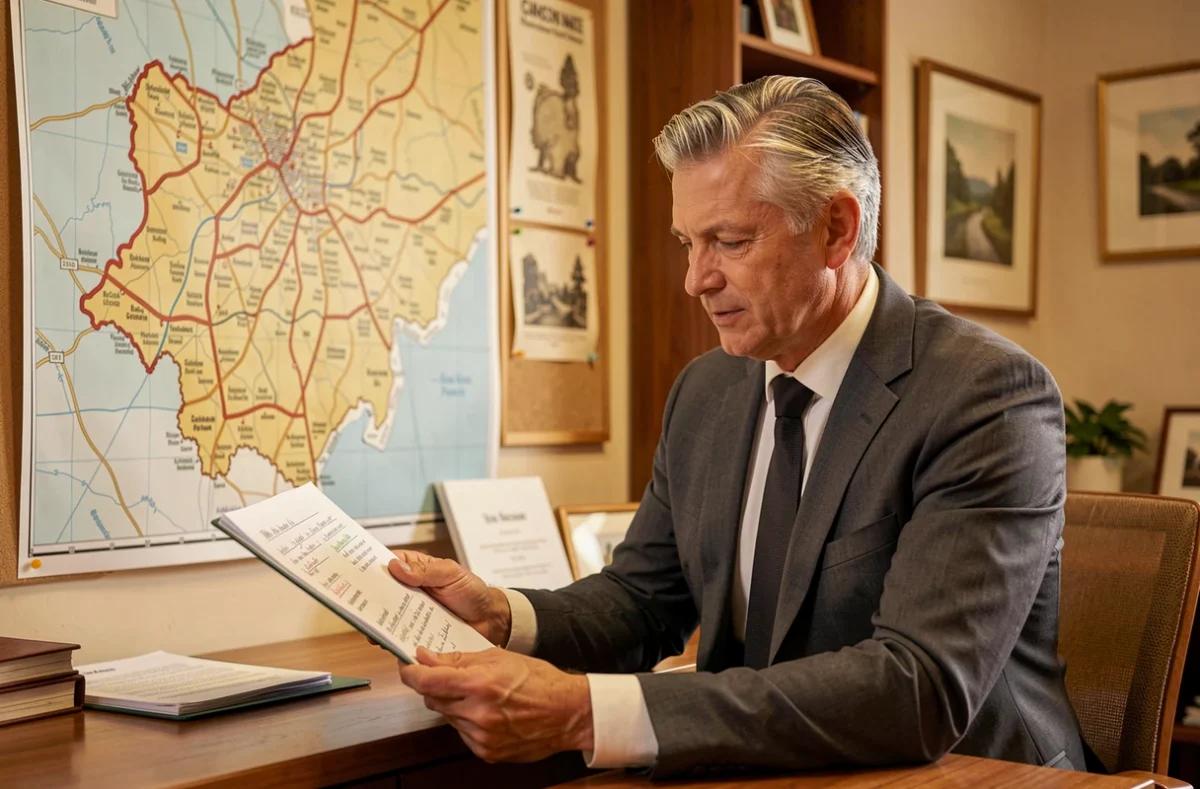 Conseiller de Garonne Patrimoine analysant des documents dans un bureau aux accents régionaux