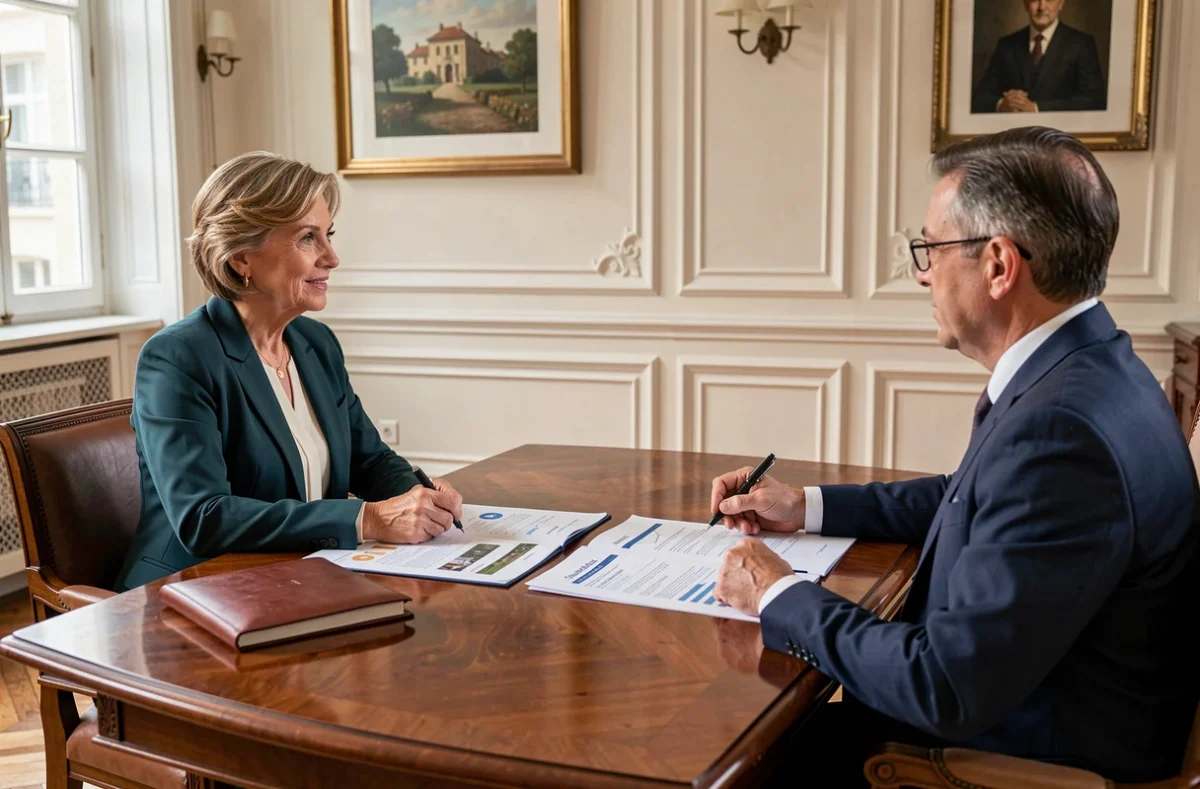 Conseillère de Garonne Patrimoine à Toulouse discutant d'une stratégie de gestion de patrimoine immobilier avec un couple dans un cadre haut de gamme