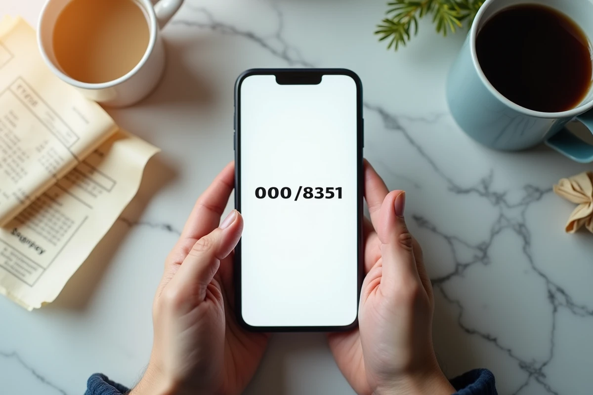 Gros plan sur un smartphone affichant un numéro de service client bancaire Boursorama posé sur un plan de travail en marbre