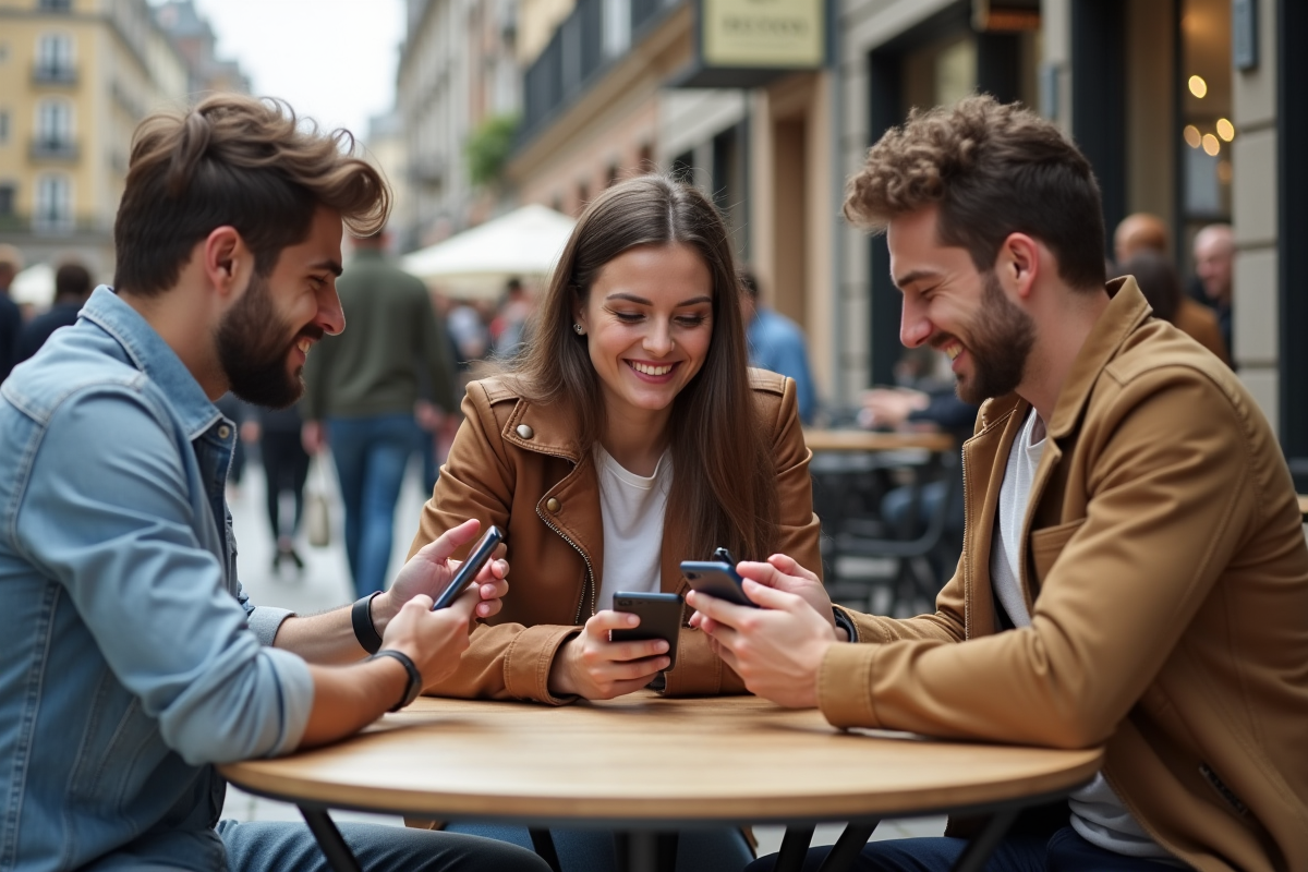Groupe de jeunes discutant autour de smartphones en ville