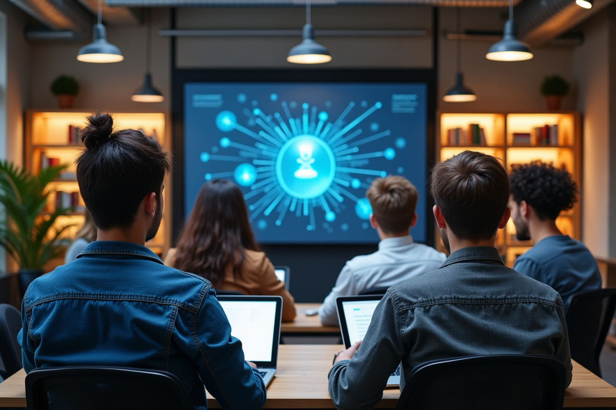 Groupe de jeunes adultes travaillant sur des ordinateurs en coworking