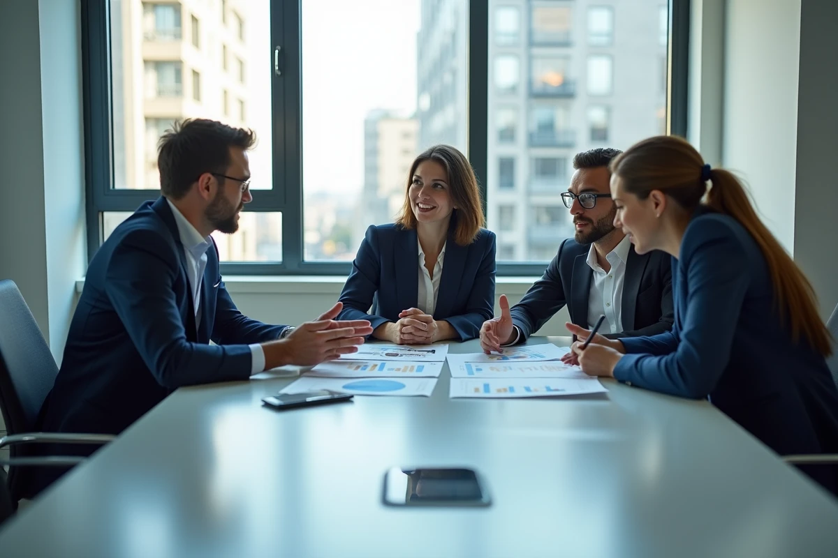 Groupe de professionnels discutant de rapports dans une salle lumineuse