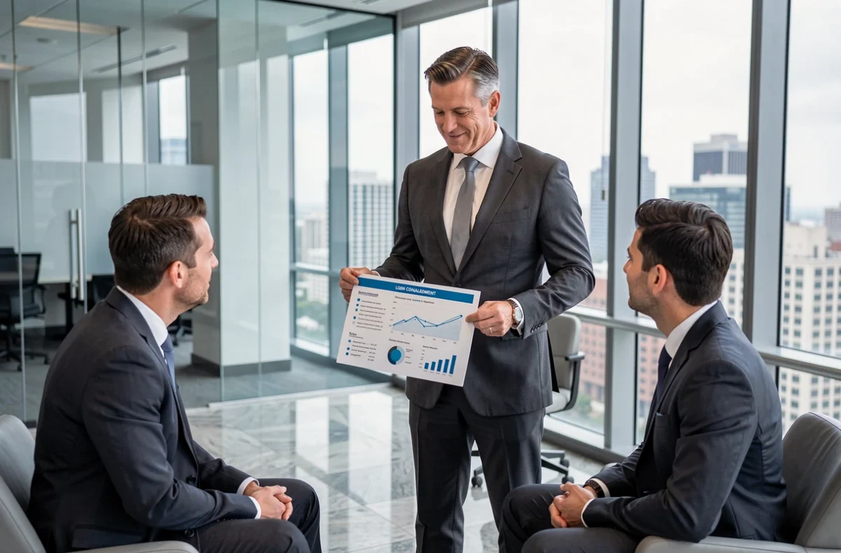 Conseiller du Groupe Selexium présentant une stratégie de rachat de crédit à une équipe dans un bureau contemporain