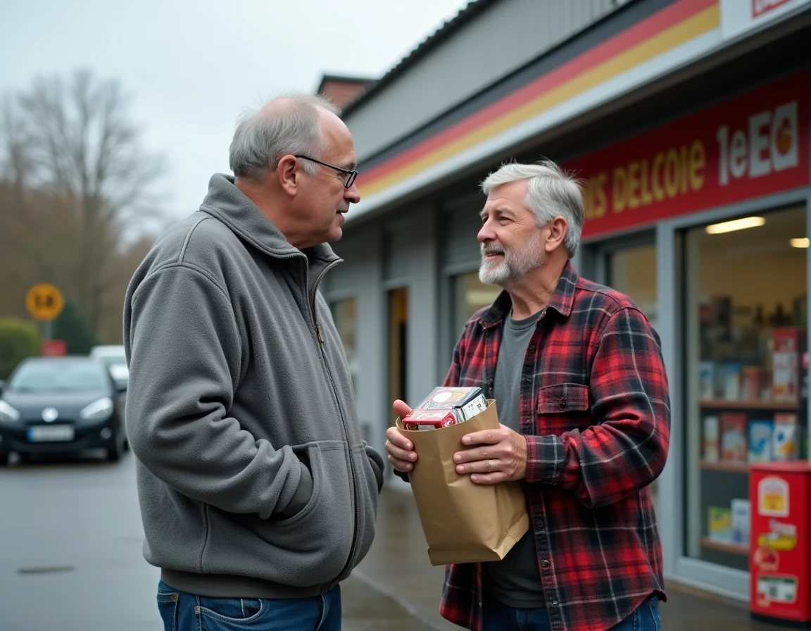 Deux habitués discutant devant un Grenzshop allemand avec des achats de tabac à rouler, ambiance frontalière authentique