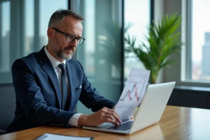 Homme d'affaires en costume regardant un graphique boursier