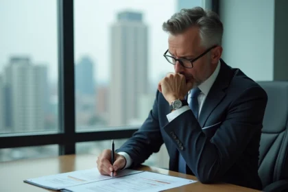 Homme d'affaires en costume examine des documents financiers