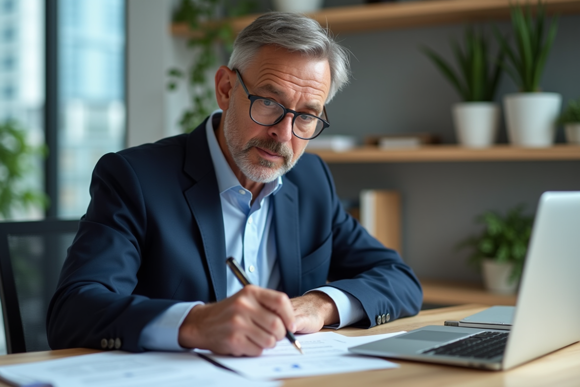 Homme d'affaires en costume signe un document dans un bureau moderne