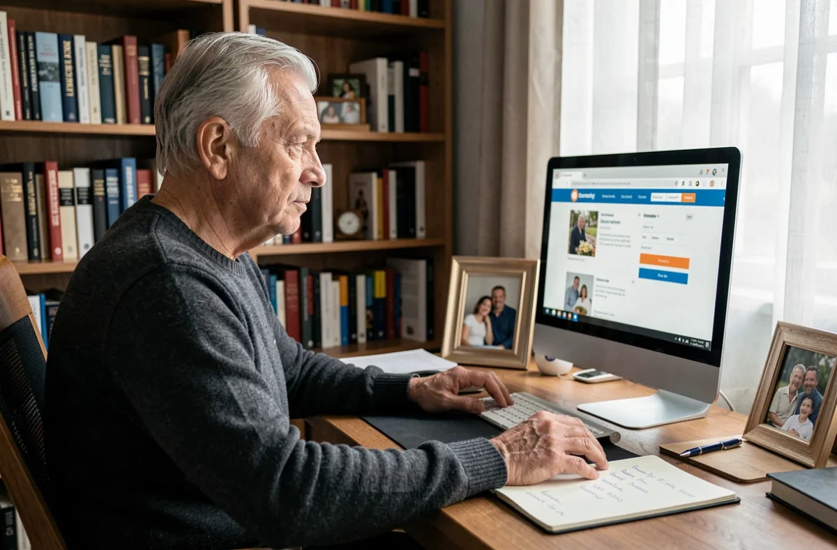 Homme âgé consultant une page de cagnotte en ligne pour contribuer aux frais d'obsèques depuis son bureau