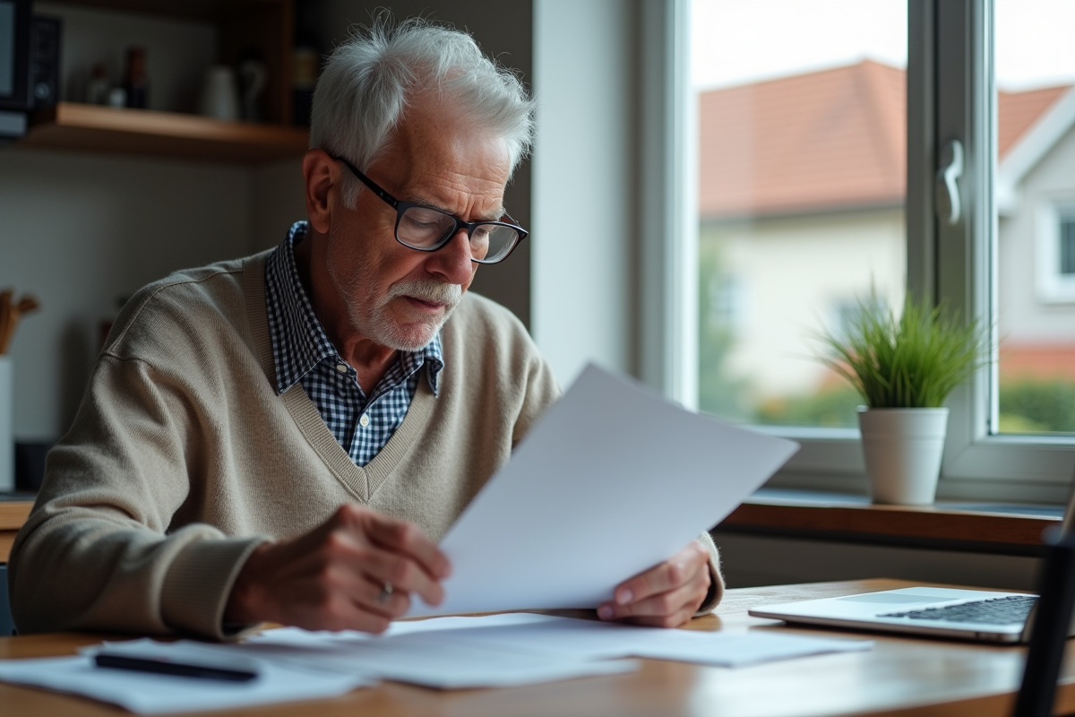 Homme âgé analysant des documents de retraite
