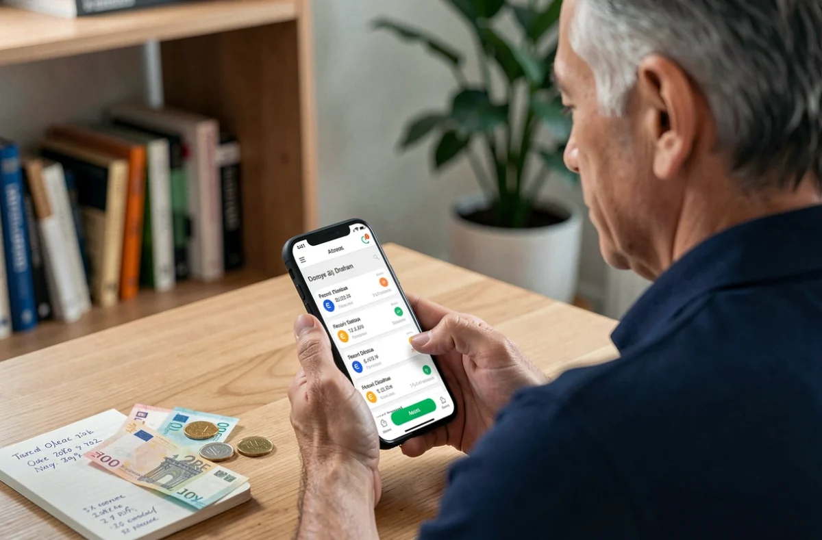 Homme utilisant une application mobile pour convertir des dirhams en euros à son bureau
