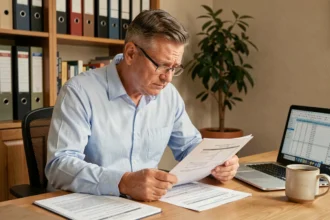 Homme consultant son avis d'imposition sur le revenu à son bureau à domicile avec des documents fiscaux étalés
