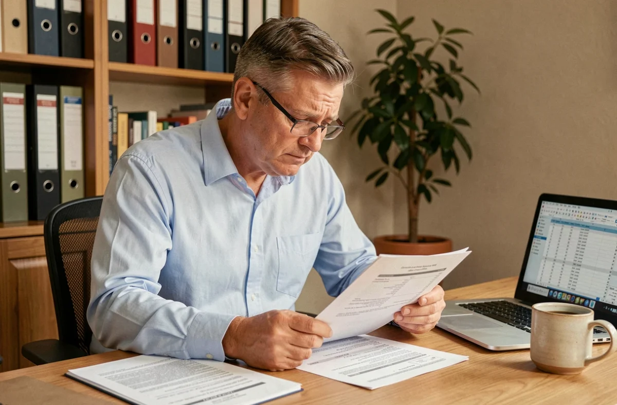 Homme consultant son avis d'imposition sur le revenu à son bureau à domicile avec des documents fiscaux étalés